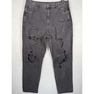 American Eagle Women High Waisted Mom Jeans Black Ripped Distressed 33x27"R12.5"
